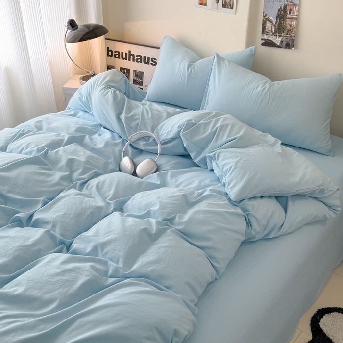 91家纺网 家纺一手货源 找家纺 桔禾家纺 2025新款ins风纯色水洗棉四件套双拼水洗棉学生三件套四件套 天空蓝