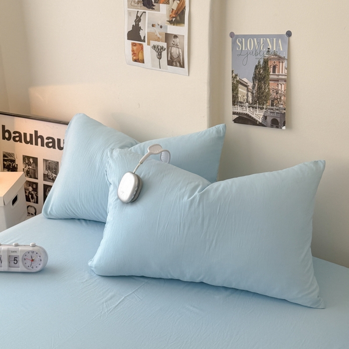 91家纺网 家纺一手货源 找家纺 桔禾家纺 2025新款ins风纯色水洗棉四件套双拼水洗棉学生三件套四件套 天空蓝