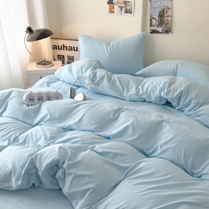 91家纺网 家纺一手货源 找家纺 桔禾家纺 2025新款ins风纯色水洗棉四件套双拼水洗棉学生三件套四件套 天空蓝