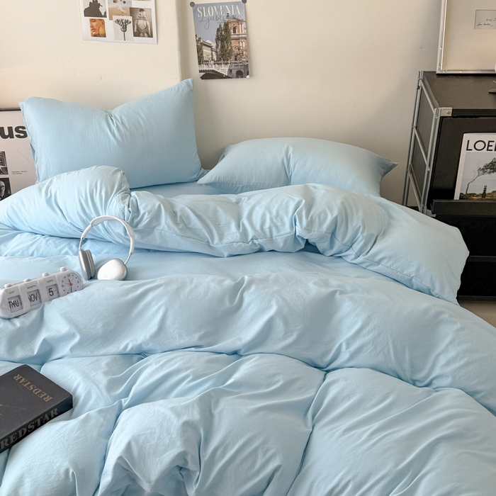 91家纺网 家纺一手货源 找家纺 桔禾家纺 2025新款ins风纯色水洗棉四件套双拼水洗棉学生三件套四件套 天空蓝