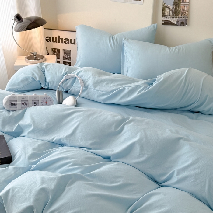 91家纺网 家纺一手货源 找家纺 桔禾家纺 2025新款ins风纯色水洗棉四件套双拼水洗棉学生三件套四件套 天空蓝