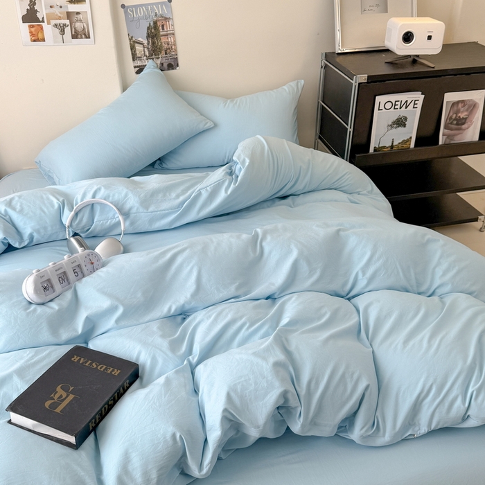 91家纺网 家纺一手货源 找家纺 桔禾家纺 2025新款ins风纯色水洗棉四件套双拼水洗棉学生三件套四件套 天空蓝