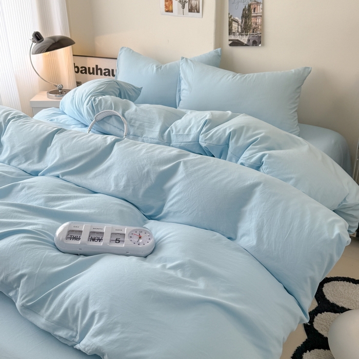 91家纺网 家纺一手货源 找家纺 桔禾家纺 2025新款ins风纯色水洗棉四件套双拼水洗棉学生三件套四件套 天空蓝