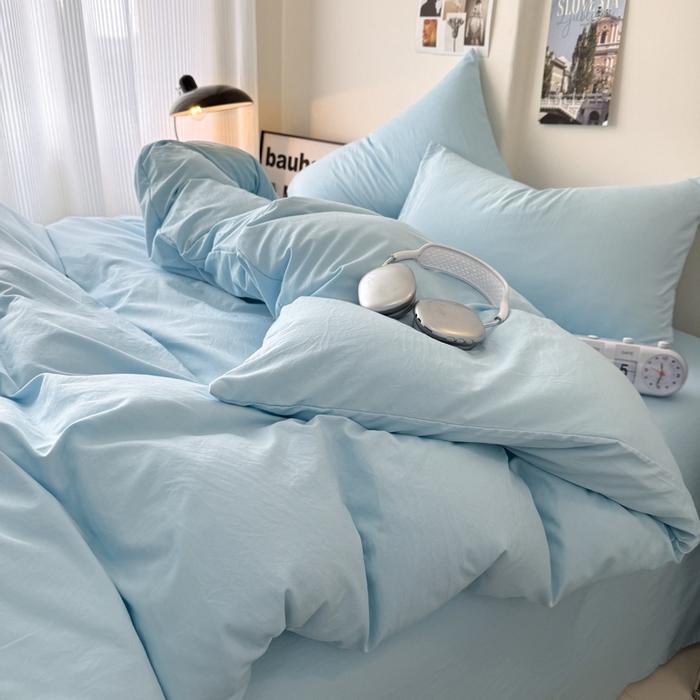 91家纺网 家纺一手货源 找家纺 桔禾家纺 2025新款ins风纯色水洗棉四件套双拼水洗棉学生三件套四件套 天空蓝