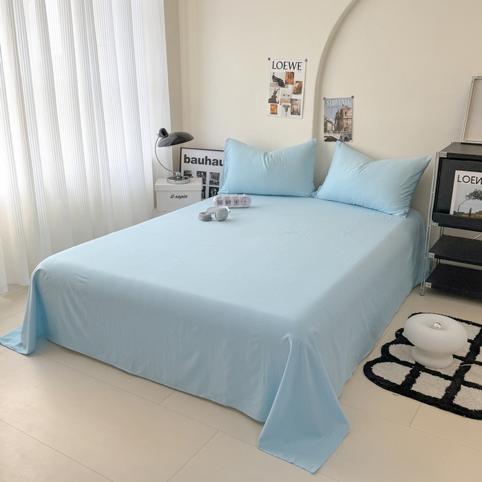 91家纺网 家纺一手货源 找家纺 桔禾家纺 2025新款ins风纯色水洗棉四件套双拼水洗棉学生三件套四件套 天空蓝