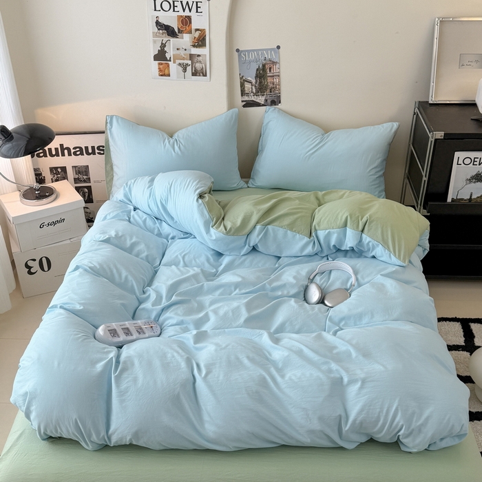 桔禾家纺 2025新款ins风纯色水洗棉四件套双拼水洗棉学生三件套四件套 天空蓝抹茶绿