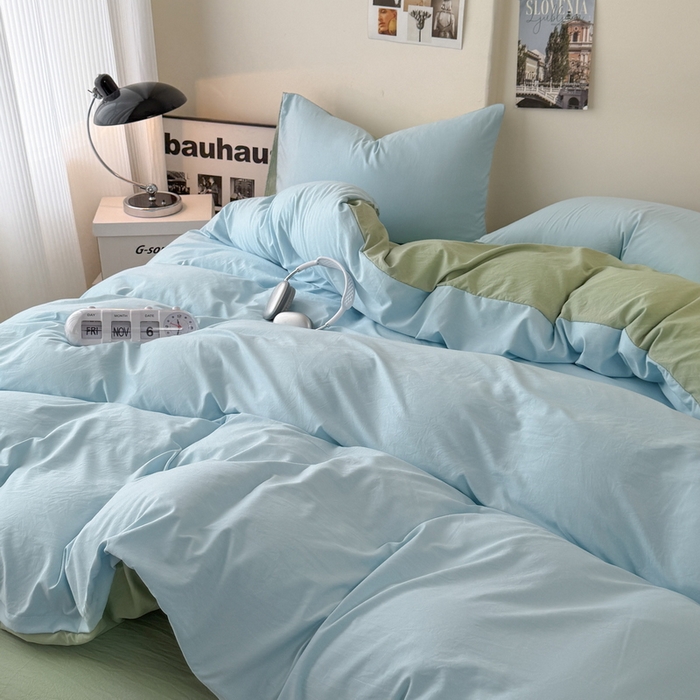 91家纺网 家纺一手货源 找家纺 桔禾家纺 2025新款ins风纯色水洗棉四件套双拼水洗棉学生三件套四件套 天空蓝抹茶绿