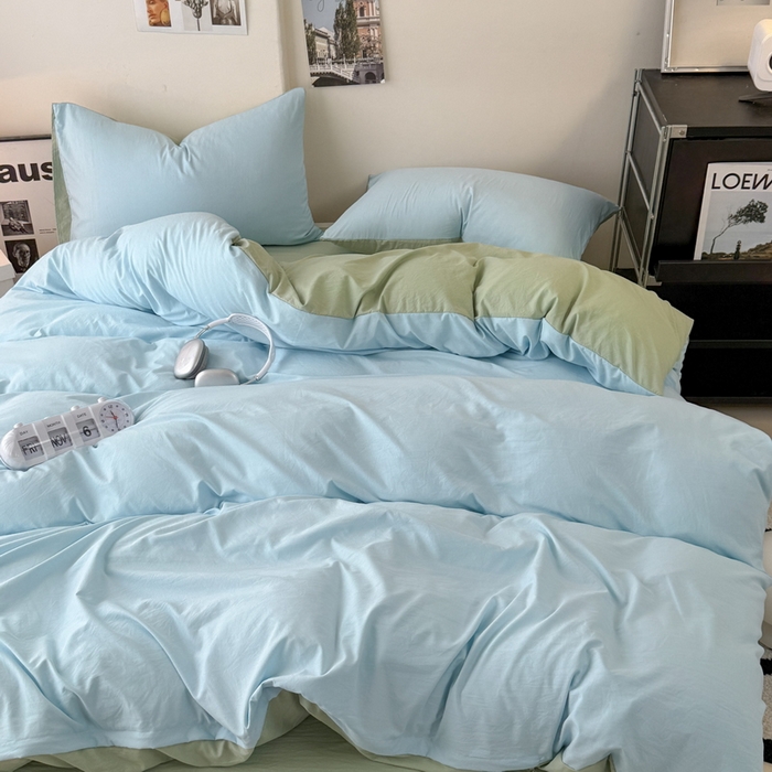 91家纺网 家纺一手货源 找家纺 桔禾家纺 2025新款ins风纯色水洗棉四件套双拼水洗棉学生三件套四件套 天空蓝抹茶绿