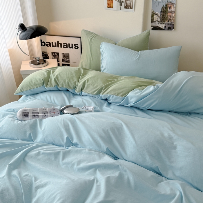 91家纺网 家纺一手货源 找家纺 桔禾家纺 2025新款ins风纯色水洗棉四件套双拼水洗棉学生三件套四件套 天空蓝抹茶绿