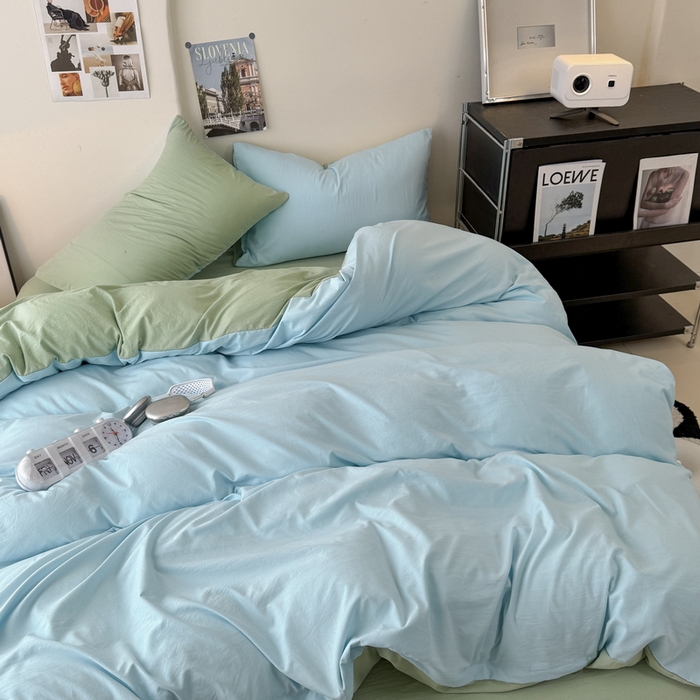 91家纺网 家纺一手货源 找家纺 桔禾家纺 2025新款ins风纯色水洗棉四件套双拼水洗棉学生三件套四件套 天空蓝抹茶绿