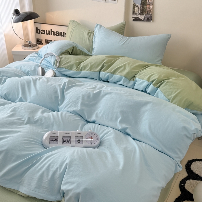 91家纺网 家纺一手货源 找家纺 桔禾家纺 2025新款ins风纯色水洗棉四件套双拼水洗棉学生三件套四件套 天空蓝抹茶绿