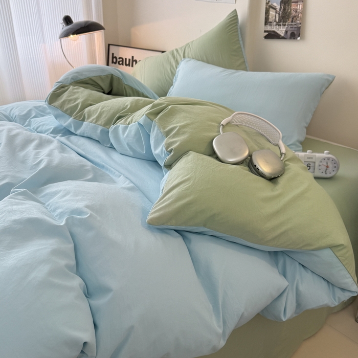 91家纺网 家纺一手货源 找家纺 桔禾家纺 2025新款ins风纯色水洗棉四件套双拼水洗棉学生三件套四件套 天空蓝抹茶绿