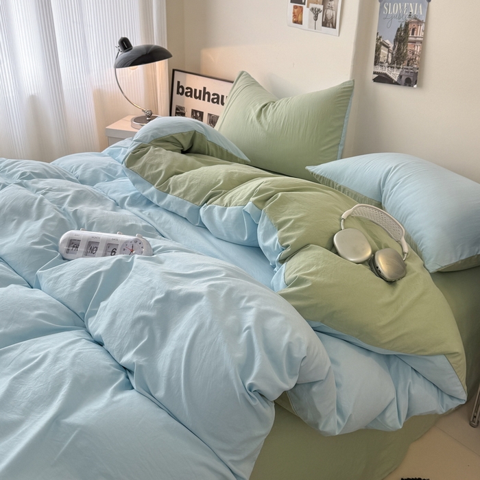 91家纺网 家纺一手货源 找家纺 桔禾家纺 2025新款ins风纯色水洗棉四件套双拼水洗棉学生三件套四件套 天空蓝抹茶绿