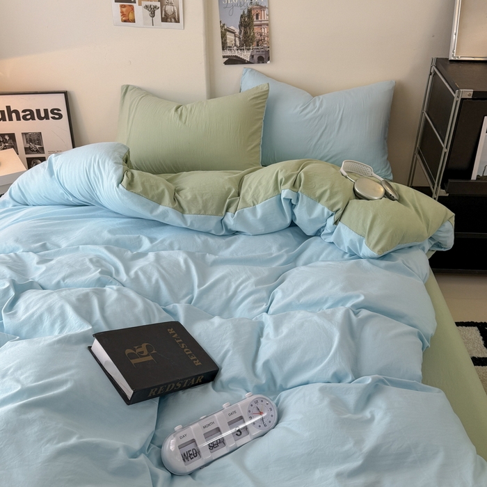 91家纺网 家纺一手货源 找家纺 桔禾家纺 2025新款ins风纯色水洗棉四件套双拼水洗棉学生三件套四件套 天空蓝抹茶绿