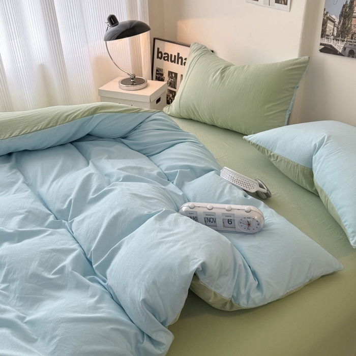 91家纺网 家纺一手货源 找家纺 桔禾家纺 2025新款ins风纯色水洗棉四件套双拼水洗棉学生三件套四件套 天空蓝抹茶绿