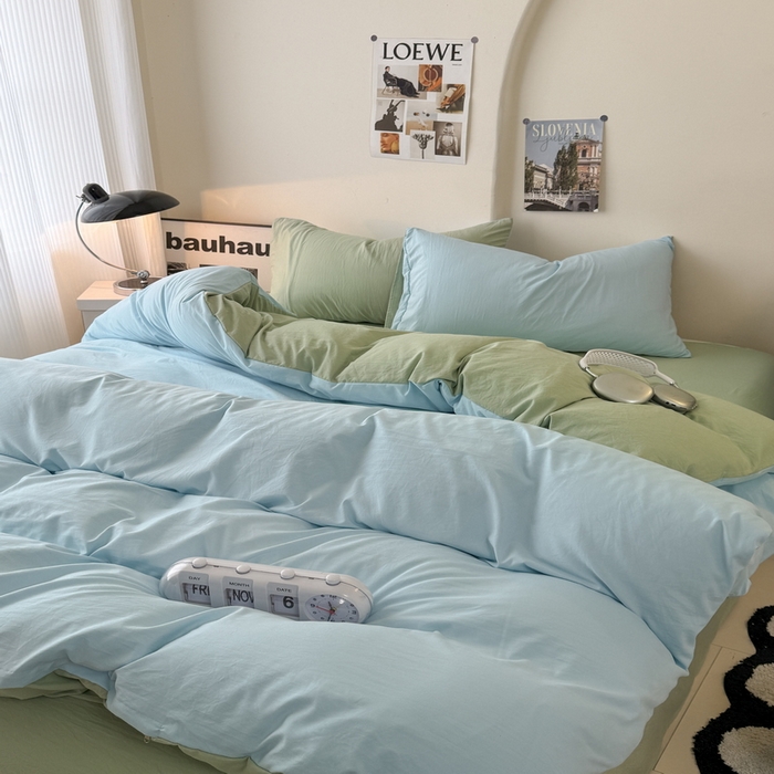 91家纺网 家纺一手货源 找家纺 桔禾家纺 2025新款ins风纯色水洗棉四件套双拼水洗棉学生三件套四件套 天空蓝抹茶绿