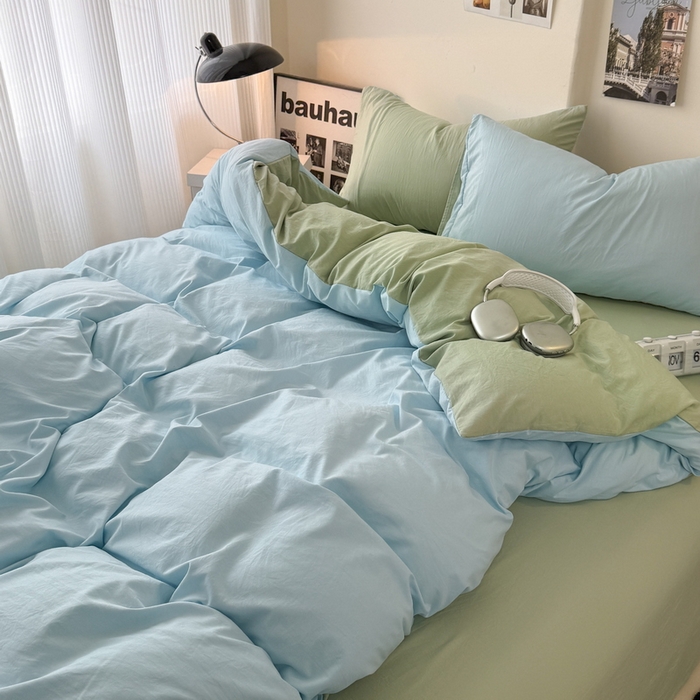 91家纺网 家纺一手货源 找家纺 桔禾家纺 2025新款ins风纯色水洗棉四件套双拼水洗棉学生三件套四件套 天空蓝抹茶绿