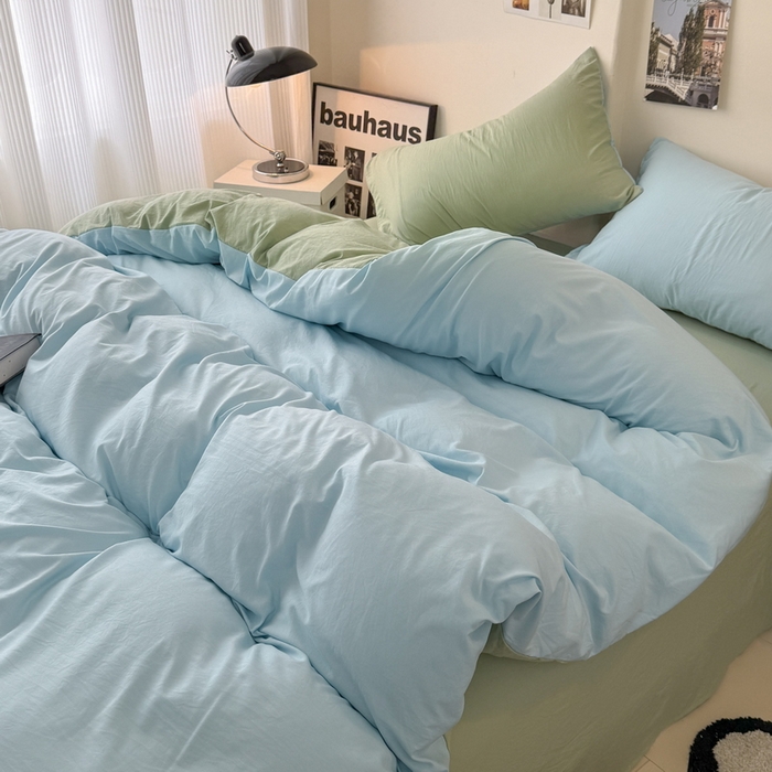 91家纺网 家纺一手货源 找家纺 桔禾家纺 2025新款ins风纯色水洗棉四件套双拼水洗棉学生三件套四件套 天空蓝抹茶绿