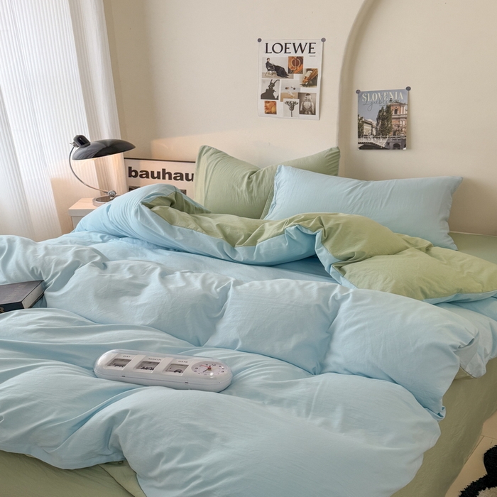 91家纺网 家纺一手货源 找家纺 桔禾家纺 2025新款ins风纯色水洗棉四件套双拼水洗棉学生三件套四件套 天空蓝抹茶绿