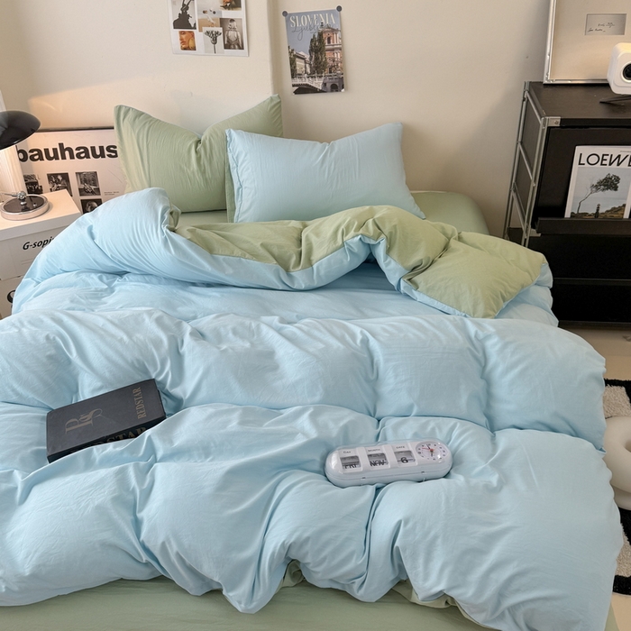 91家纺网 家纺一手货源 找家纺 桔禾家纺 2025新款ins风纯色水洗棉四件套双拼水洗棉学生三件套四件套 天空蓝抹茶绿