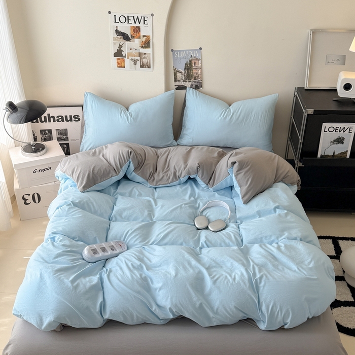 桔禾家纺 2025新款ins风纯色水洗棉四件套双拼水洗棉学生三件套四件套 天空蓝浅灰