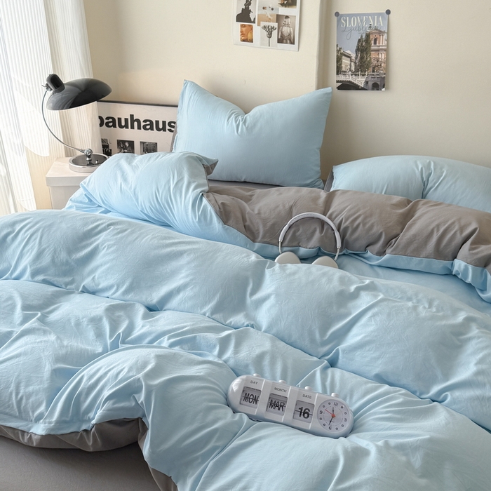 91家纺网 家纺一手货源 找家纺 桔禾家纺 2025新款ins风纯色水洗棉四件套双拼水洗棉学生三件套四件套 天空蓝浅灰