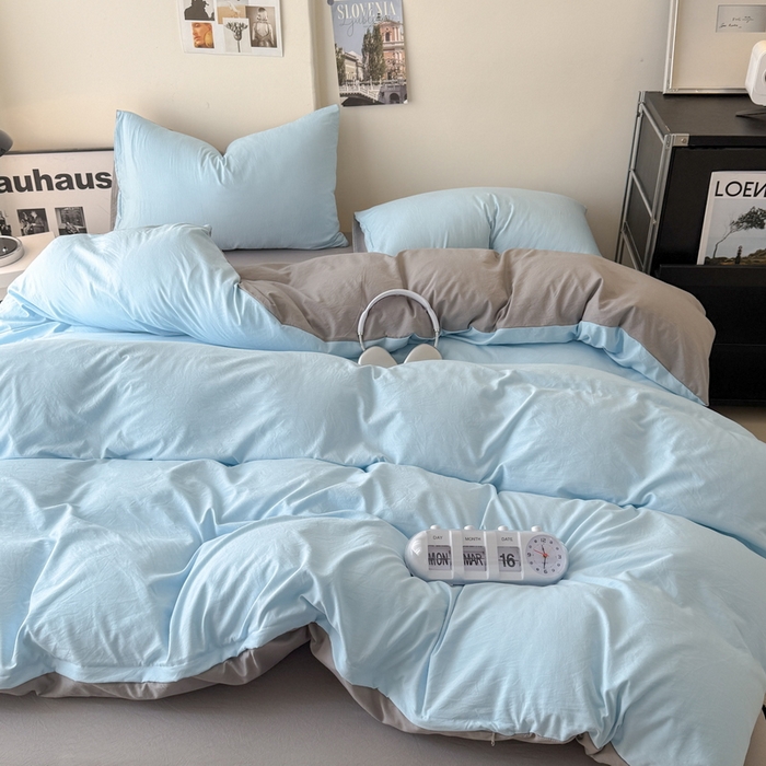 91家纺网 家纺一手货源 找家纺 桔禾家纺 2025新款ins风纯色水洗棉四件套双拼水洗棉学生三件套四件套 天空蓝浅灰