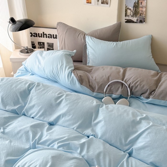 91家纺网 家纺一手货源 找家纺 桔禾家纺 2025新款ins风纯色水洗棉四件套双拼水洗棉学生三件套四件套 天空蓝浅灰