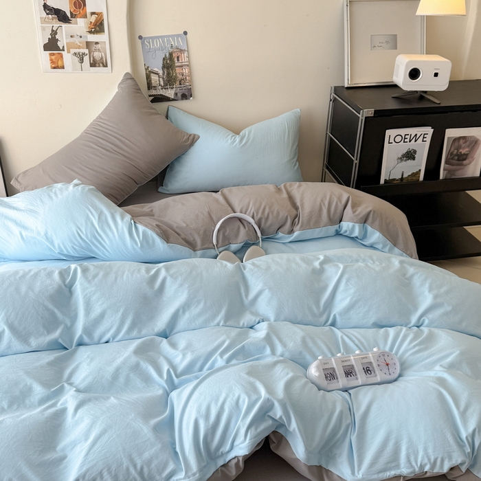 91家纺网 家纺一手货源 找家纺 桔禾家纺 2025新款ins风纯色水洗棉四件套双拼水洗棉学生三件套四件套 天空蓝浅灰