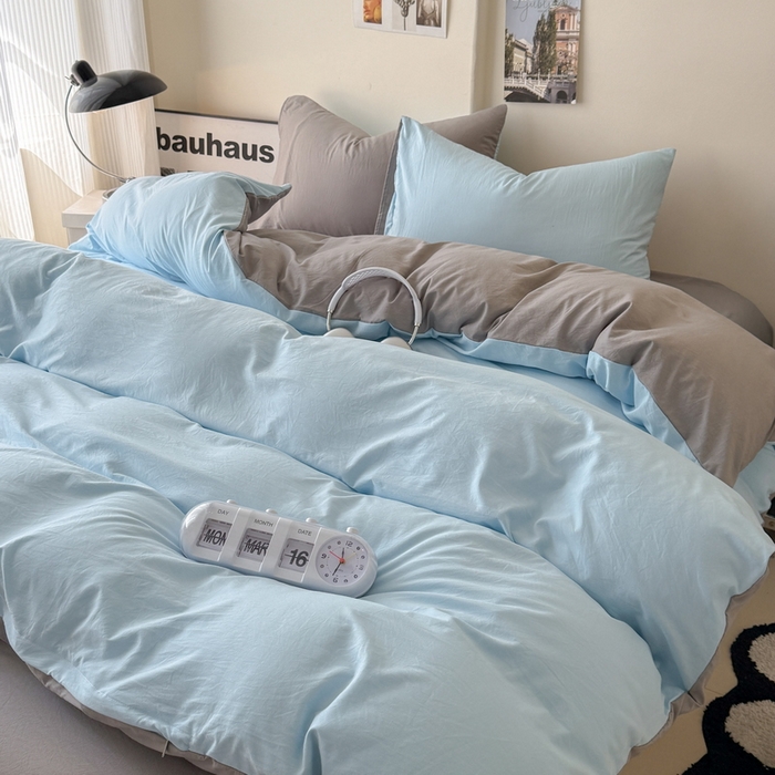 91家纺网 家纺一手货源 找家纺 桔禾家纺 2025新款ins风纯色水洗棉四件套双拼水洗棉学生三件套四件套 天空蓝浅灰