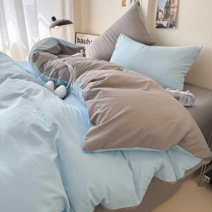 91家纺网 家纺一手货源 找家纺 桔禾家纺 2025新款ins风纯色水洗棉四件套双拼水洗棉学生三件套四件套 天空蓝浅灰