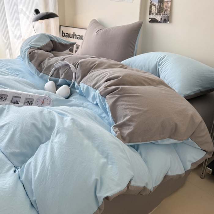 91家纺网 家纺一手货源 找家纺 桔禾家纺 2025新款ins风纯色水洗棉四件套双拼水洗棉学生三件套四件套 天空蓝浅灰