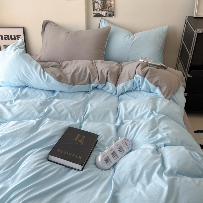 91家纺网 家纺一手货源 找家纺 桔禾家纺 2025新款ins风纯色水洗棉四件套双拼水洗棉学生三件套四件套 天空蓝浅灰