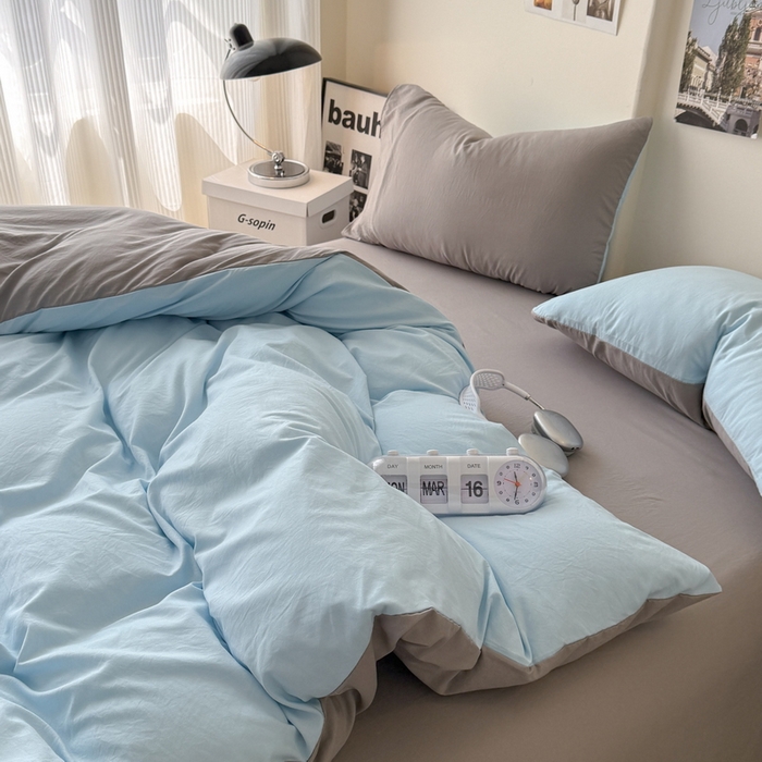 91家纺网 家纺一手货源 找家纺 桔禾家纺 2025新款ins风纯色水洗棉四件套双拼水洗棉学生三件套四件套 天空蓝浅灰