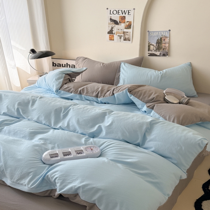 91家纺网 家纺一手货源 找家纺 桔禾家纺 2025新款ins风纯色水洗棉四件套双拼水洗棉学生三件套四件套 天空蓝浅灰