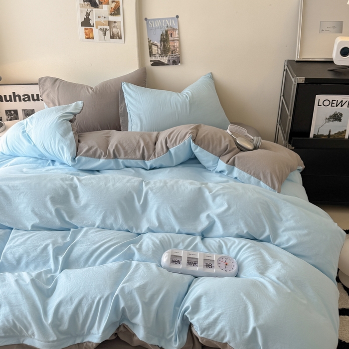 91家纺网 家纺一手货源 找家纺 桔禾家纺 2025新款ins风纯色水洗棉四件套双拼水洗棉学生三件套四件套 天空蓝浅灰