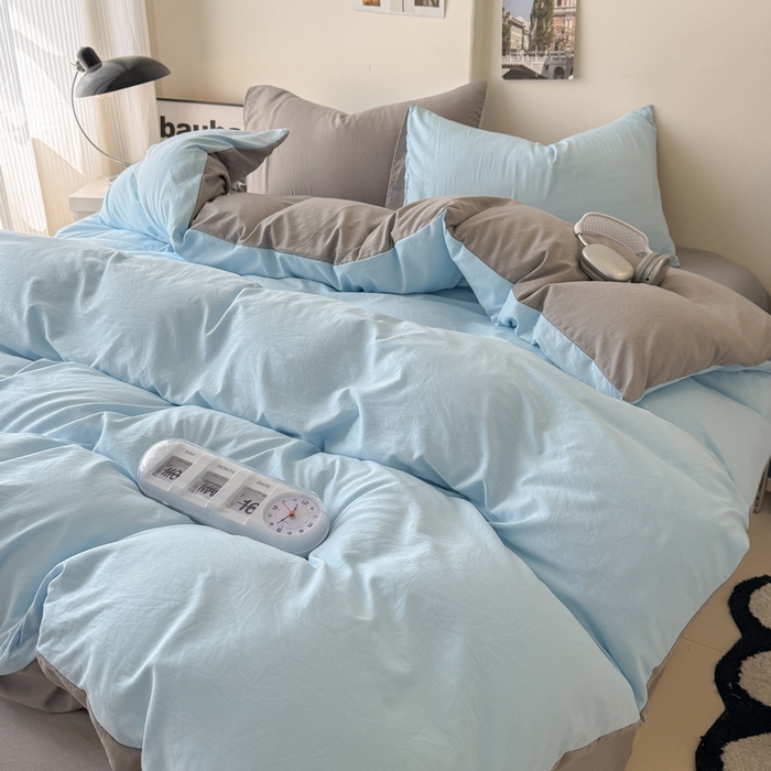 91家纺网 家纺一手货源 找家纺 桔禾家纺 2025新款ins风纯色水洗棉四件套双拼水洗棉学生三件套四件套 天空蓝浅灰