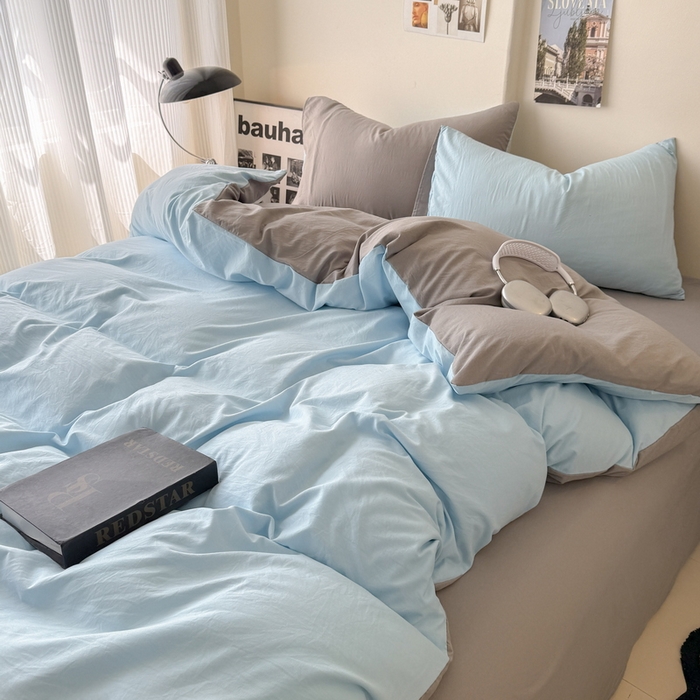 91家纺网 家纺一手货源 找家纺 桔禾家纺 2025新款ins风纯色水洗棉四件套双拼水洗棉学生三件套四件套 天空蓝浅灰