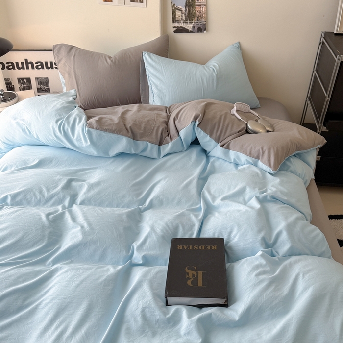 91家纺网 家纺一手货源 找家纺 桔禾家纺 2025新款ins风纯色水洗棉四件套双拼水洗棉学生三件套四件套 天空蓝浅灰