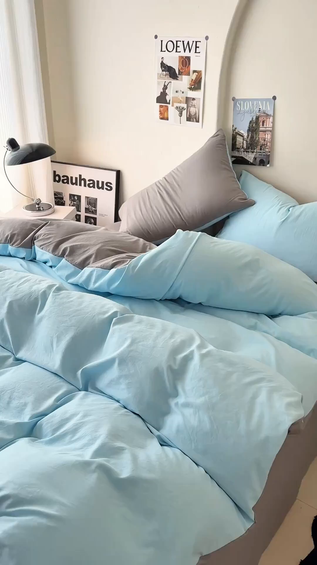 91家纺网 家纺一手货源 找家纺 桔禾家纺 2025新款ins风纯色水洗棉四件套双拼水洗棉学生三件套四件套 天空蓝浅灰