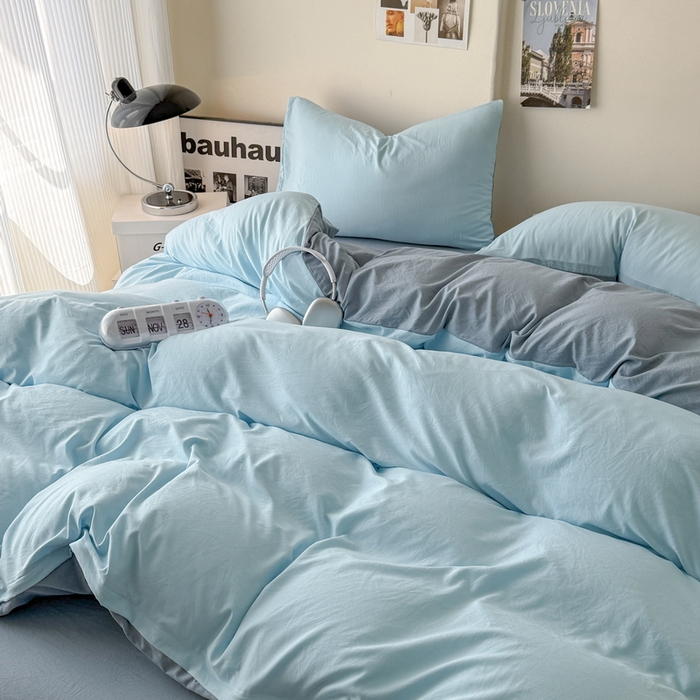 91家纺网 家纺一手货源 找家纺 桔禾家纺 2025新款ins风纯色水洗棉四件套双拼水洗棉学生三件套四件套 天空蓝雾霾蓝