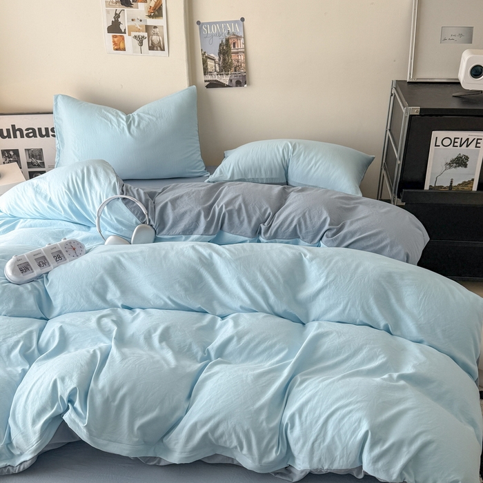 91家纺网 家纺一手货源 找家纺 桔禾家纺 2025新款ins风纯色水洗棉四件套双拼水洗棉学生三件套四件套 天空蓝雾霾蓝