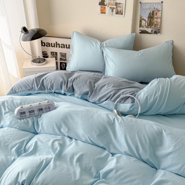 91家纺网 家纺一手货源 找家纺 桔禾家纺 2025新款ins风纯色水洗棉四件套双拼水洗棉学生三件套四件套 天空蓝雾霾蓝