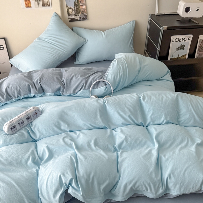 91家纺网 家纺一手货源 找家纺 桔禾家纺 2025新款ins风纯色水洗棉四件套双拼水洗棉学生三件套四件套 天空蓝雾霾蓝