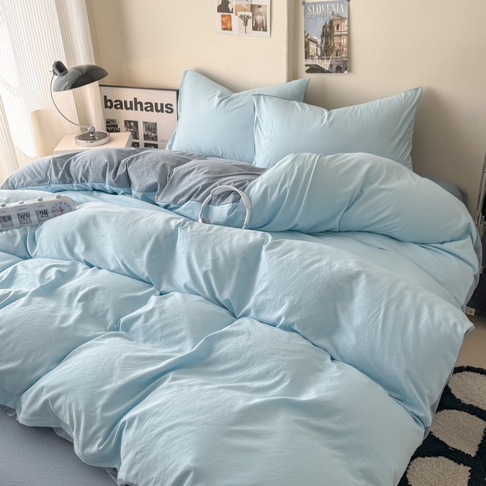 91家纺网 家纺一手货源 找家纺 桔禾家纺 2025新款ins风纯色水洗棉四件套双拼水洗棉学生三件套四件套 天空蓝雾霾蓝