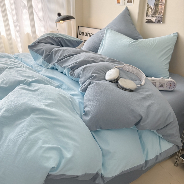 91家纺网 家纺一手货源 找家纺 桔禾家纺 2025新款ins风纯色水洗棉四件套双拼水洗棉学生三件套四件套 天空蓝雾霾蓝