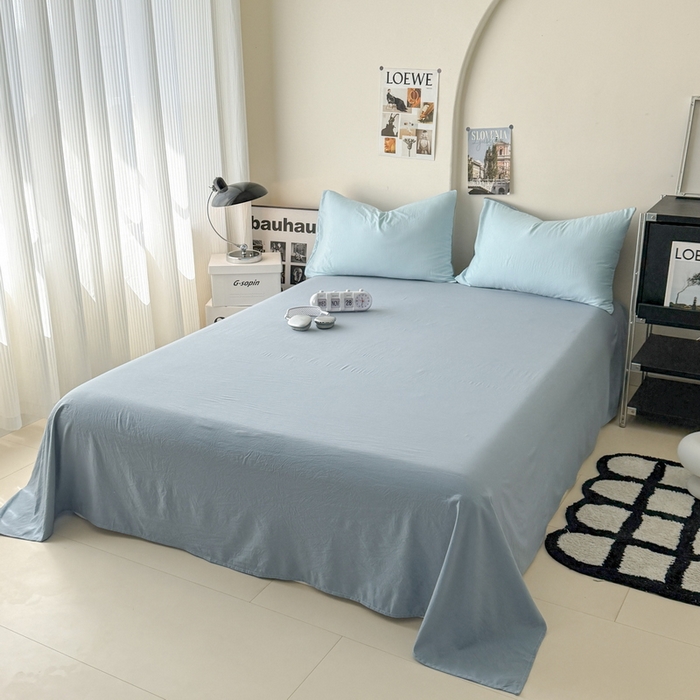 91家纺网 家纺一手货源 找家纺 桔禾家纺 2025新款ins风纯色水洗棉四件套双拼水洗棉学生三件套四件套 天空蓝雾霾蓝