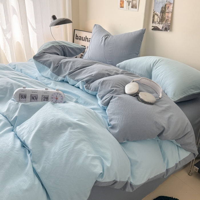 91家纺网 家纺一手货源 找家纺 桔禾家纺 2025新款ins风纯色水洗棉四件套双拼水洗棉学生三件套四件套 天空蓝雾霾蓝