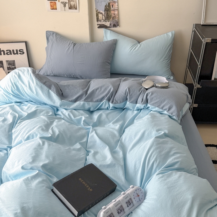 91家纺网 家纺一手货源 找家纺 桔禾家纺 2025新款ins风纯色水洗棉四件套双拼水洗棉学生三件套四件套 天空蓝雾霾蓝