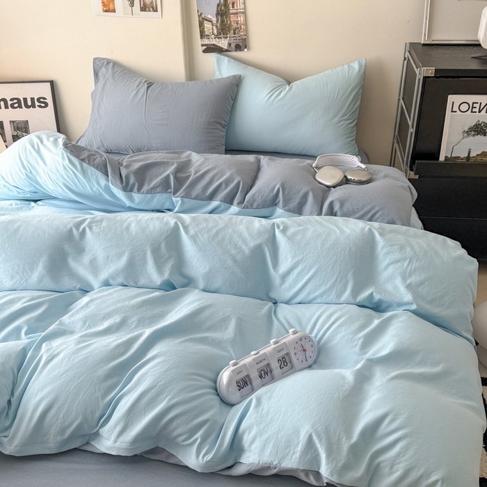 91家纺网 家纺一手货源 找家纺 桔禾家纺 2025新款ins风纯色水洗棉四件套双拼水洗棉学生三件套四件套 天空蓝雾霾蓝